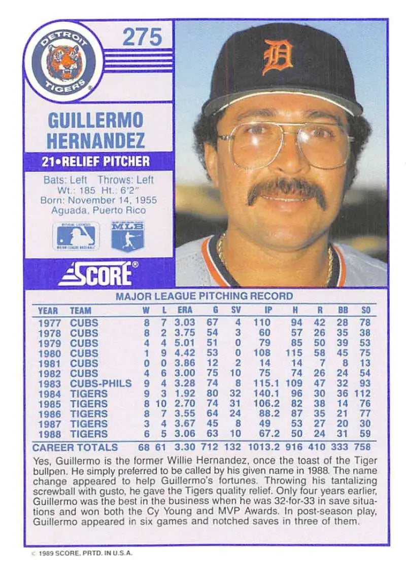1989 Score #275 Guillermo Hernandez NM-MT Detroit Tigers Baseball Card - Baseball Card Single