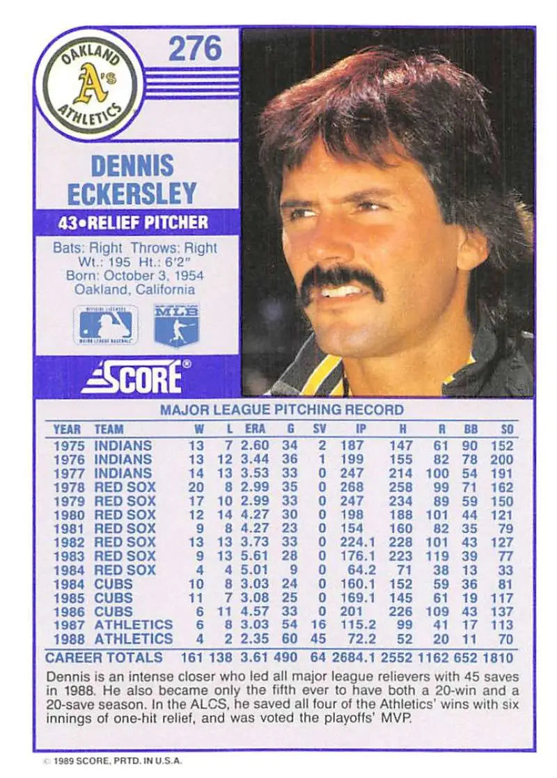 1989 Score #276 Dennis Eckersley NM-MT Oakland Athletics Baseball Card - Baseball Card Single