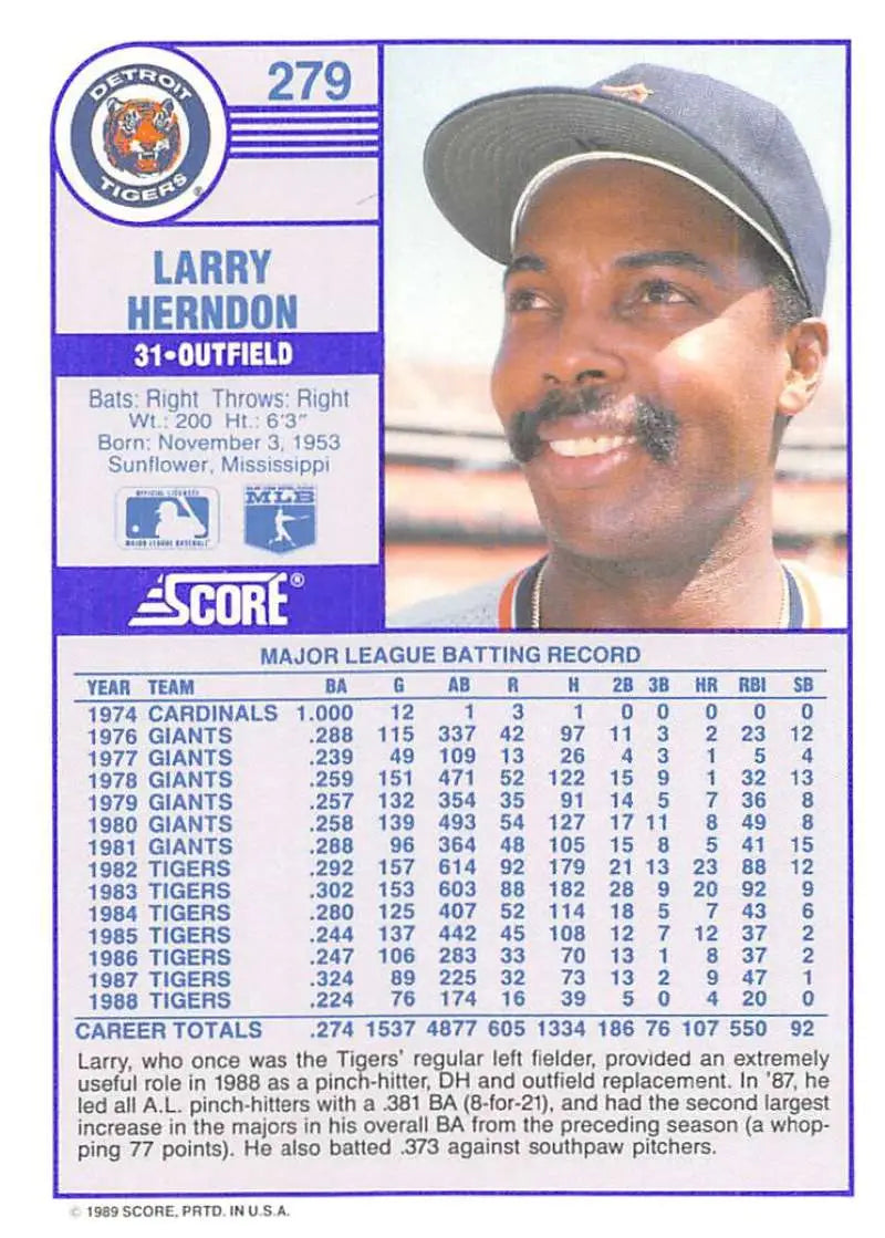 1989 Score #279 Larry Herndon NM-MT Detroit Tigers Baseball Card - Baseball Card Single