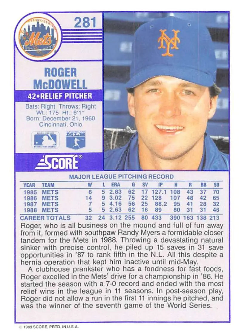 1989 Score #281 Roger McDowell NM-MT New York Mets Baseball Card - Baseball Card Single