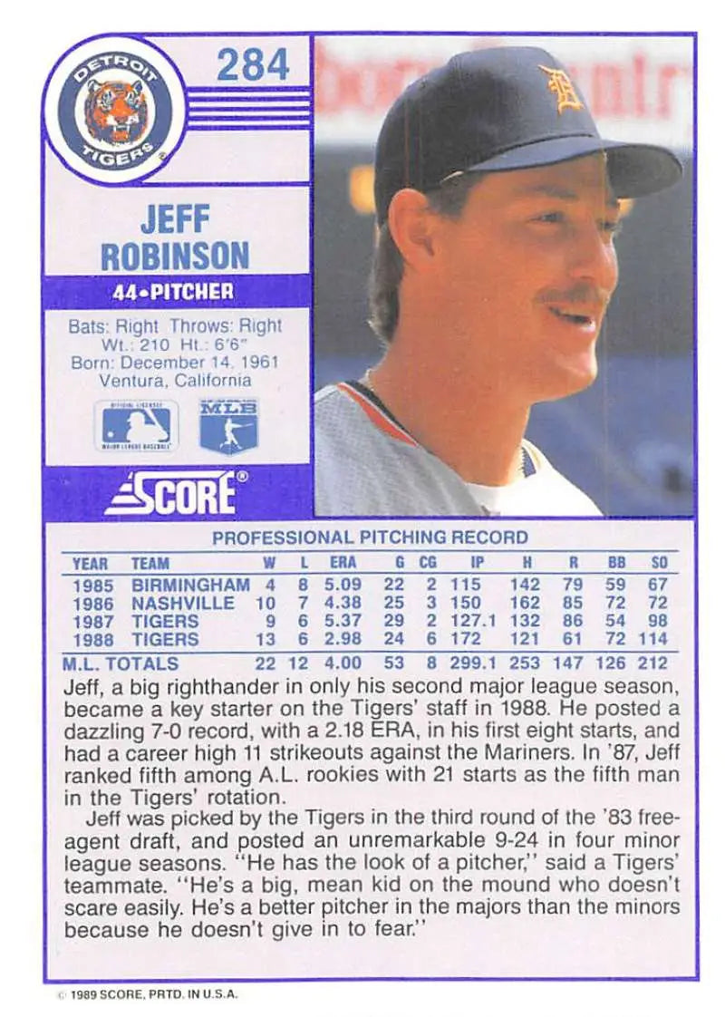 1989 Score #284 Jeff Robinson NM-MT Detroit Tigers Baseball Card - Baseball Card Single