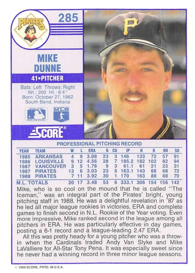 1989 Score #285 Mike Dunne NM-MT Pittsburgh Pirates Baseball Card - Baseball Card Single
