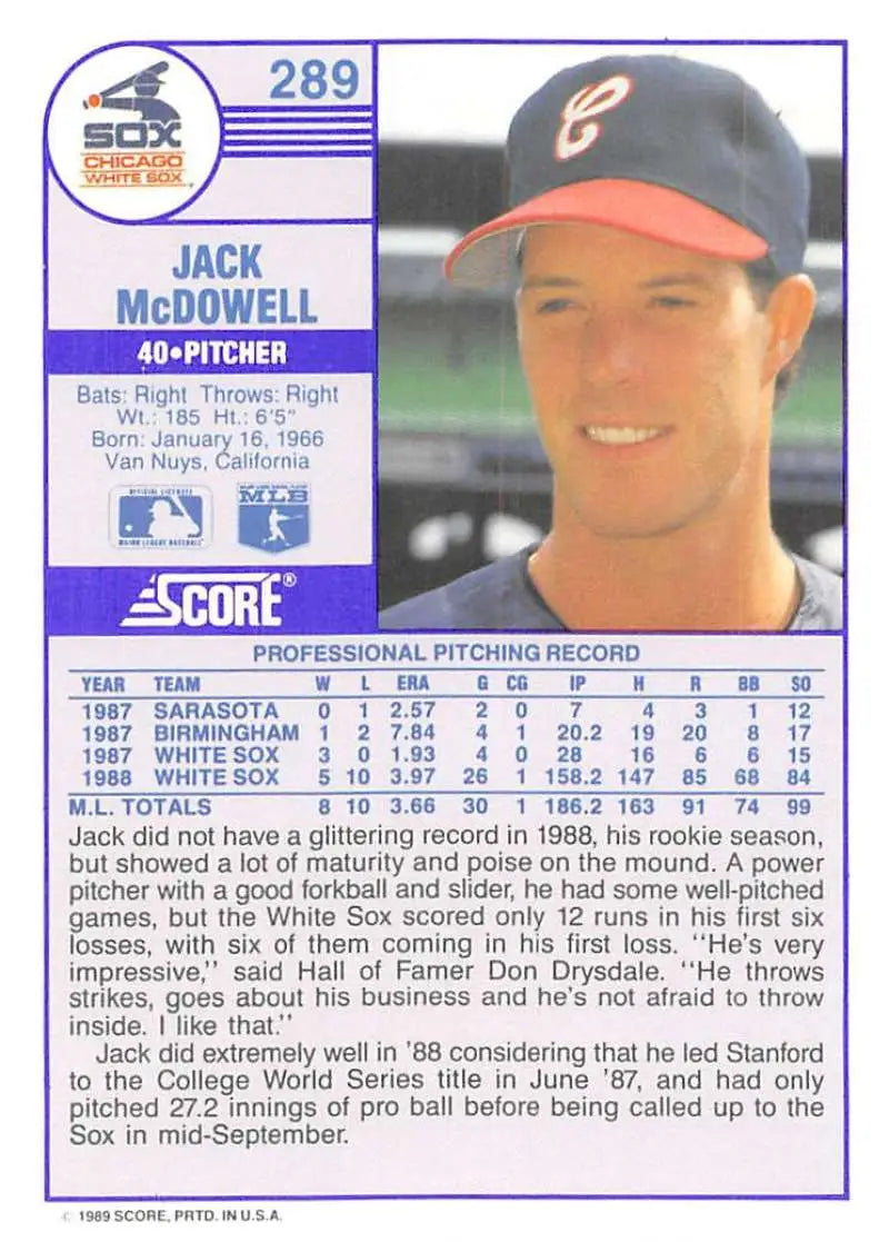 1989 Score #289 Jack McDowell NM-MT Chicago White Sox Baseball Card - Baseball Card Single