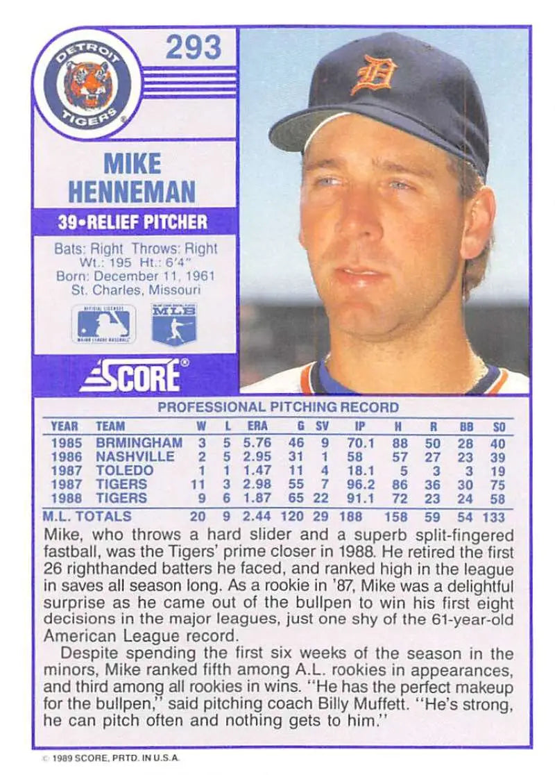 1989 Score #293 Mike Henneman NM-MT Detroit Tigers Baseball Card - Baseball Card Single
