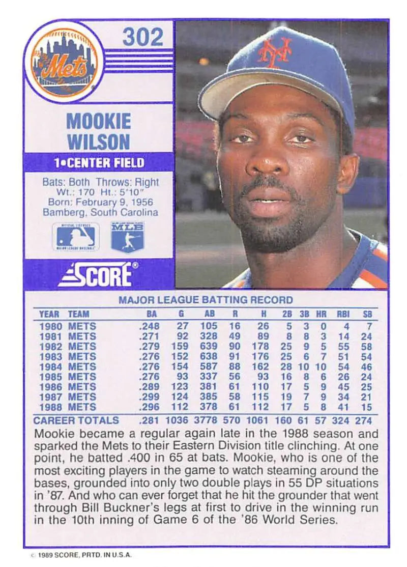 1989 Score #302 Mookie Wilson NM-MT New York Mets Baseball Card - Baseball Card Single