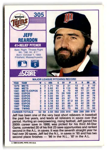 1989 Score #305 Jeff Reardon EX/NM Twins ID:66773