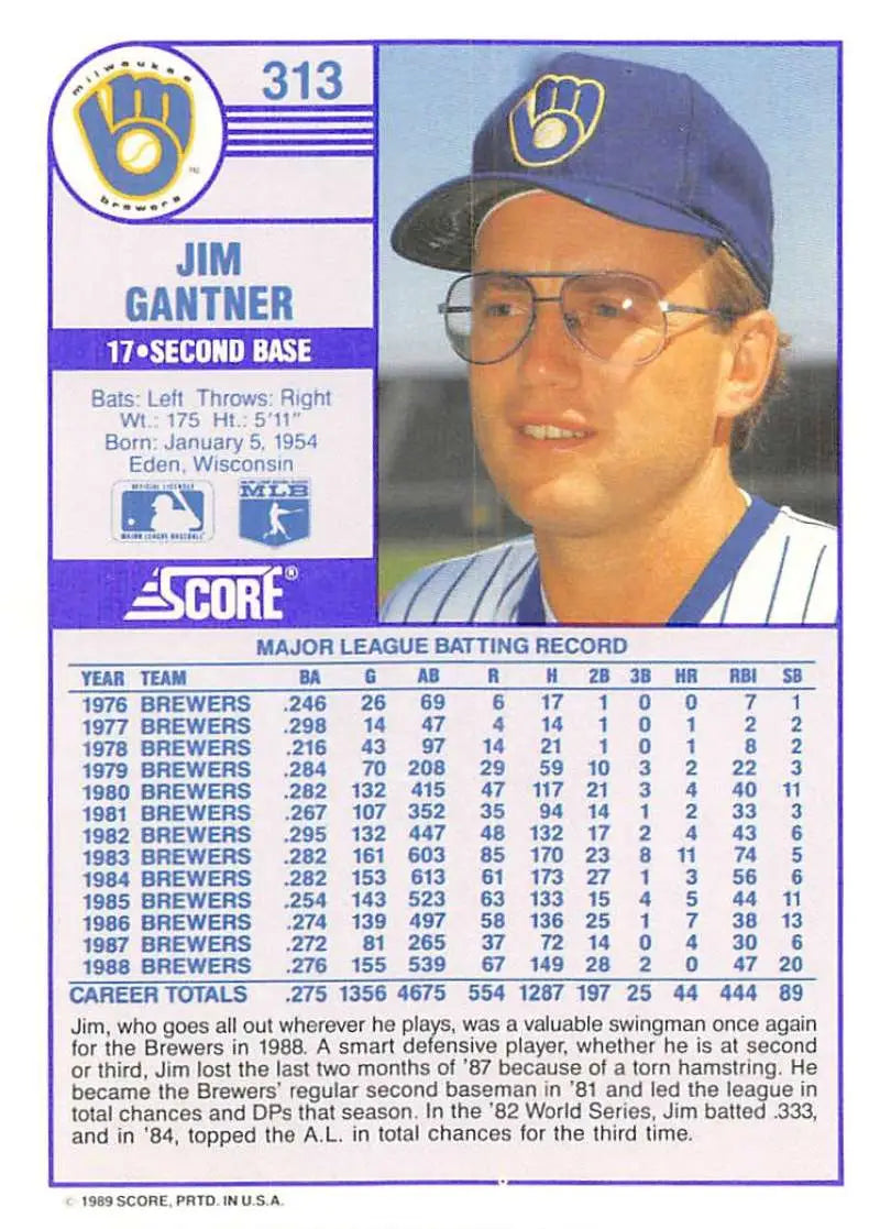1989 Score #313 Jim Gantner NM-MT Milwaukee Brewers Baseball Card - Baseball Card Single
