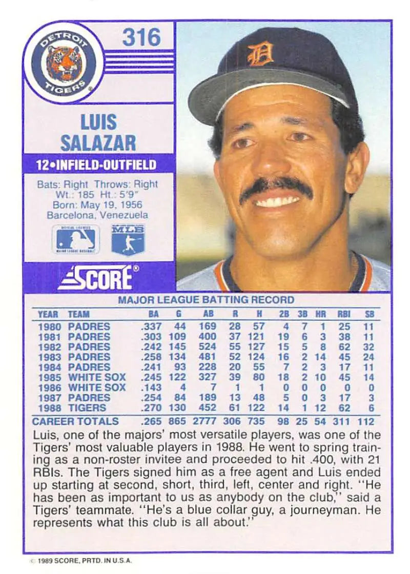 1989 Score #316 Luis Salazar NM-MT Detroit Tigers Baseball Card - Baseball Card Single