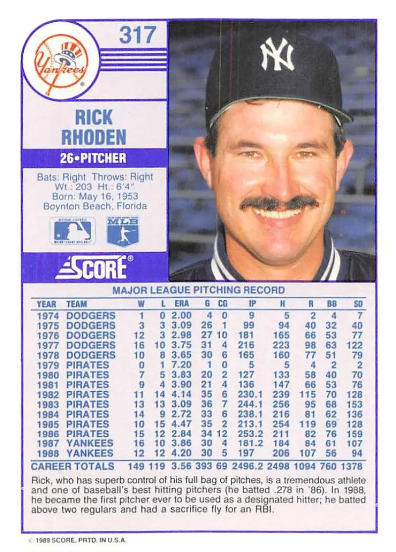 1989 Score #317 Rick Rhoden NM-MT New York Yankees Baseball Card - Baseball Card Single