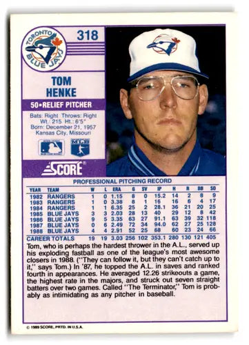 1989 Score #318 Tom Henke EX/NM Blue Jays ID:66802