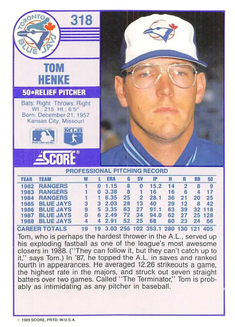1989 Score #318 Tom Henke NM-MT Toronto Blue Jays Baseball Card - Baseball Card Single
