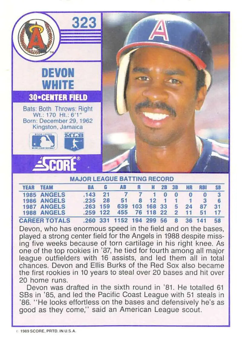 1989 Score #323 Devon White NM-MT California Angels Baseball Card - Baseball Card Single