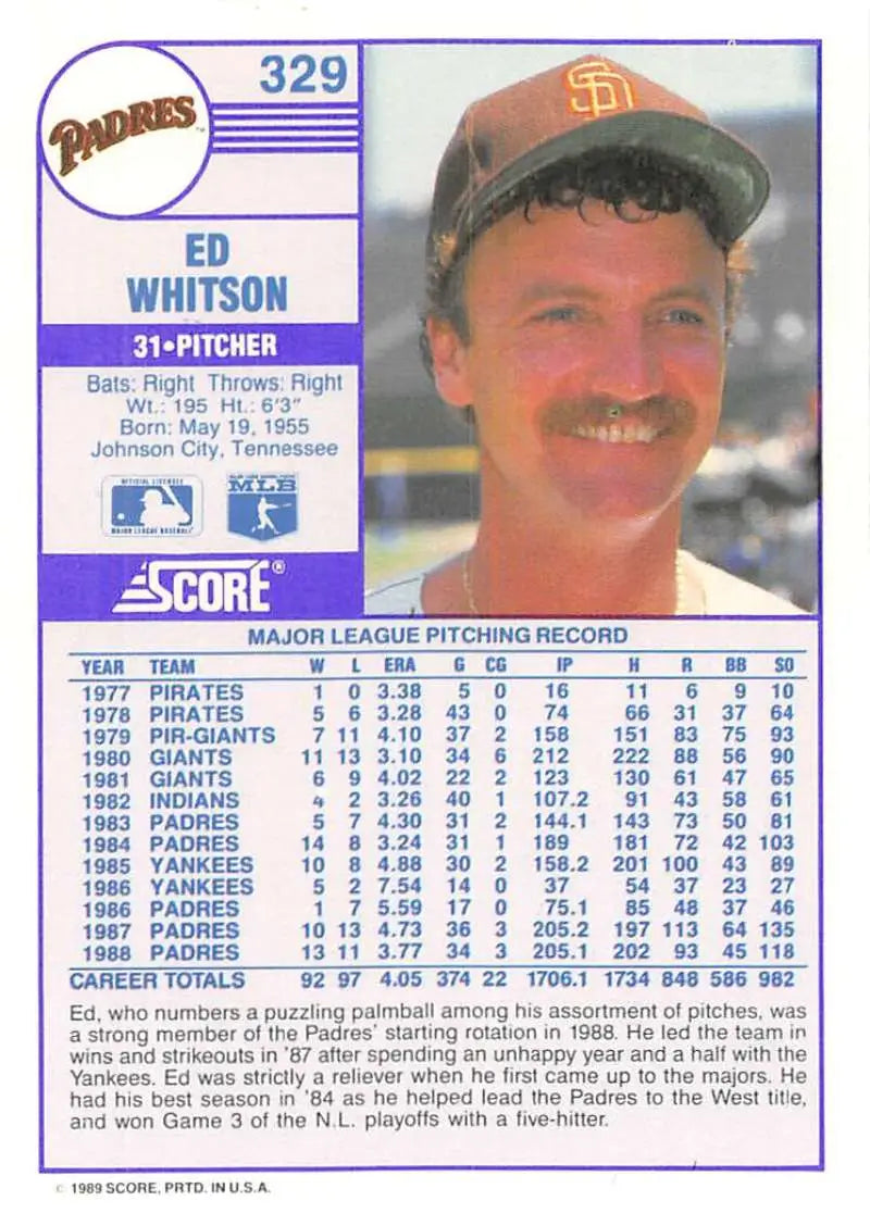 1989 Score #329 Ed Whitson NM-MT San Diego Padres Baseball Card - Baseball Card Single