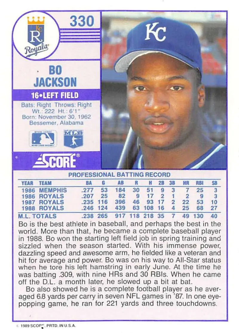 1989 Score #330 Bo Jackson NM-MT Kansas City Royals Baseball Card - Baseball Card Single