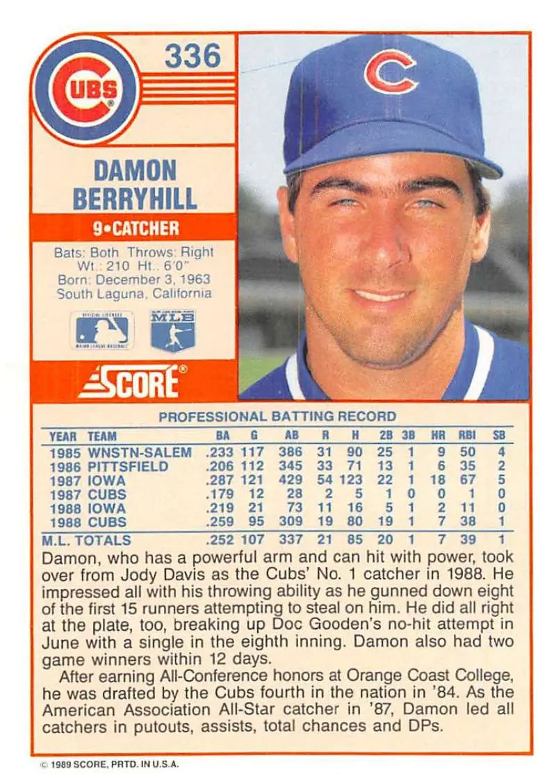 1989 Score #336 Damon Berryhill NM-MT Chicago Cubs Baseball Card - Baseball Card Single