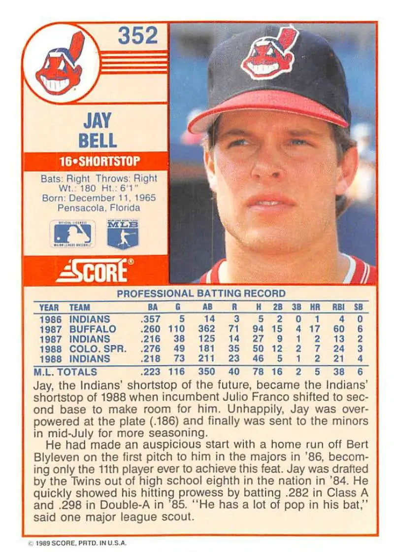 1989 Score #352 Jay Bell NM-MT Cleveland Indians Baseball Card - Baseball Card Single