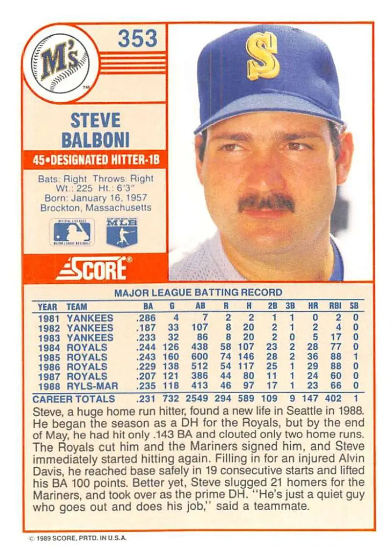 1989 Score #353 Steve Balboni NM-MT Seattle Mariners Baseball Card - Baseball Card Single