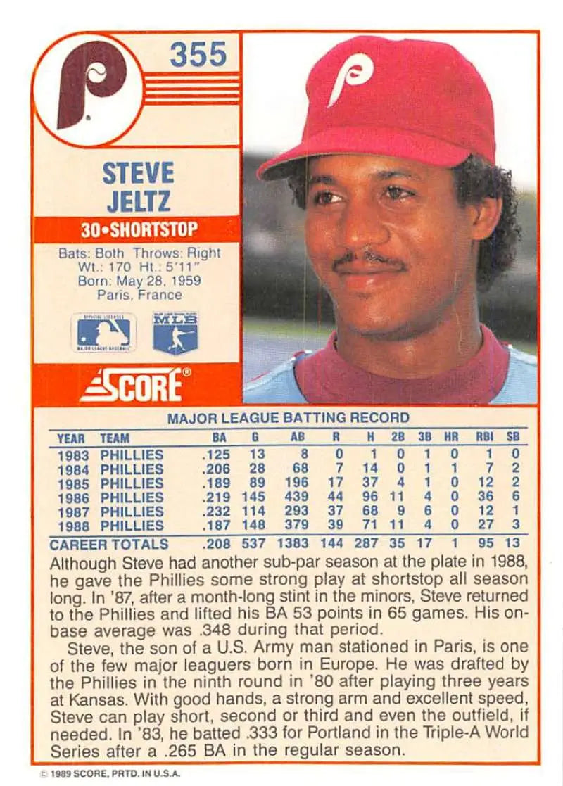 1989 Score #355 Steve Jeltz NM-MT Philadelphia Phillies Baseball Card - Baseball Card Single