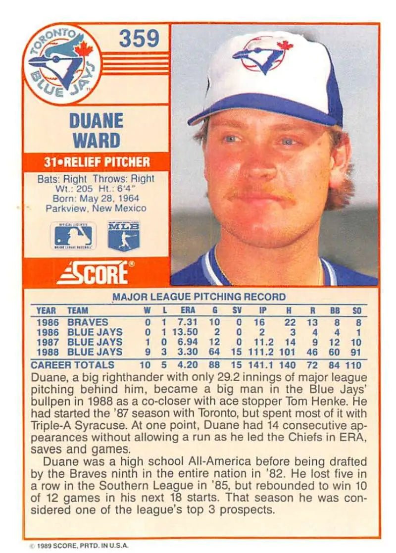 1989 Score #359 Duane Ward NM-MT Toronto Blue Jays Baseball Card - Baseball Card Single