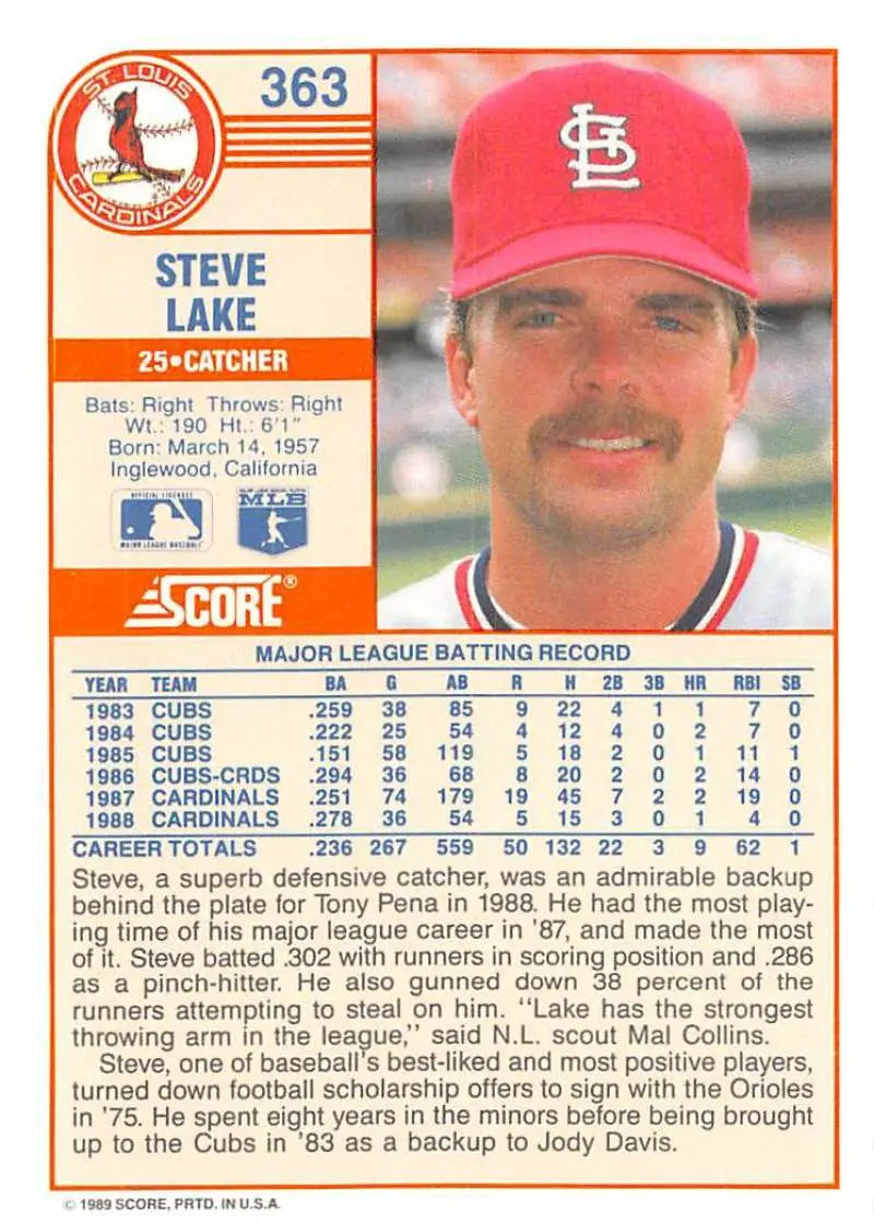 1989 Score #363 Steve Lake NM-MT St. Louis Cardinals Baseball Card - Baseball Card Single