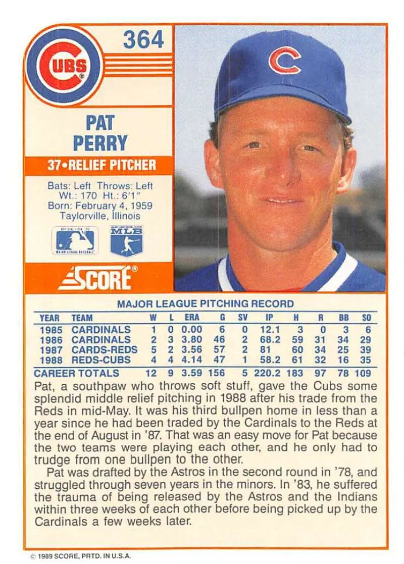 1989 Score #364 Pat Perry NM-MT Chicago Cubs Baseball Card - Baseball Card Single