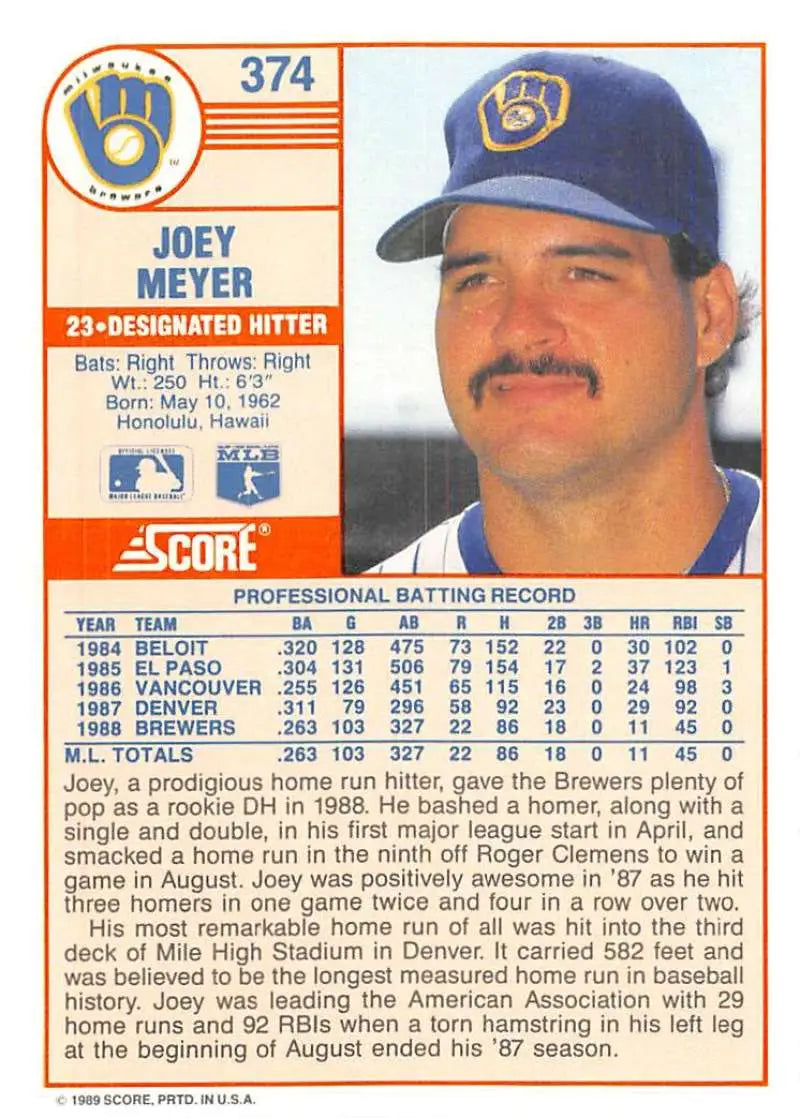 1989 Score #374 Joey Meyer NM-MT Milwaukee Brewers Baseball Card - Baseball Card Single