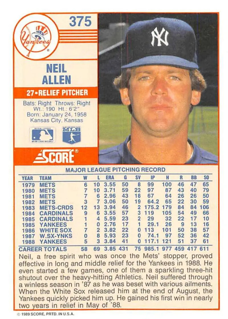 1989 Score #375 Neil Allen NM-MT New York Yankees Baseball Card - Baseball Card Single