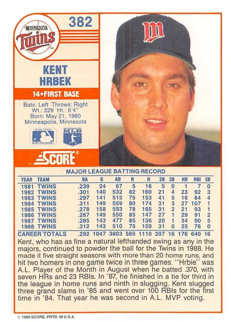 1989 Score #382 Kent Hrbek NM-MT Minnesota Twins Baseball Card - Baseball Card Single