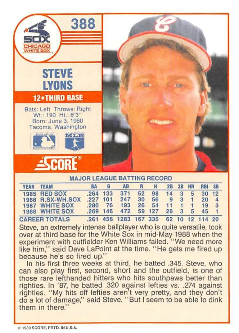 1989 Score #388 Steve Lyons NM-MT Chicago White Sox Baseball Card - Baseball Card Single