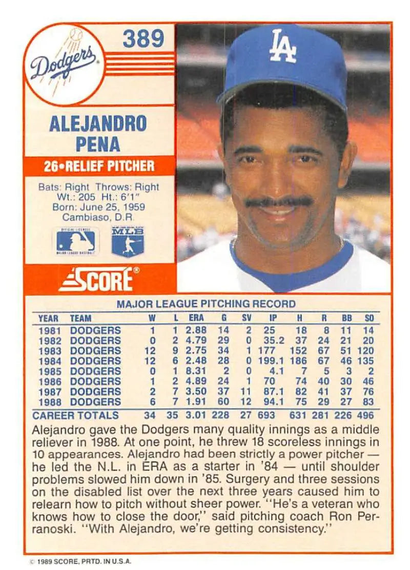 1989 Score #389 Alejandro Pena NM-MT Los Angeles Dodgers Baseball Card - Baseball Card Single
