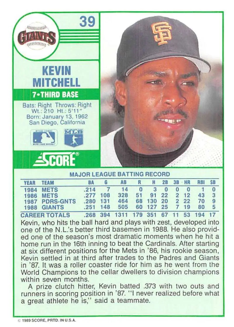 1989 Score #39 Kevin Mitchell NM-MT San Francisco Giants Baseball Card - Baseball Card Single