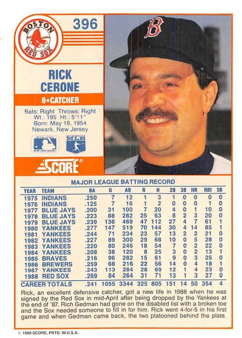 1989 Score #396 Rick Cerone NM-MT Boston Red Sox Baseball Card - Baseball Card Single