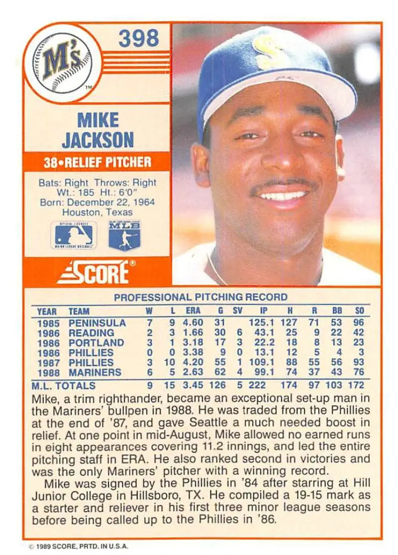 1989 Score #398 Mike Jackson NM-MT Seattle Mariners Baseball Card - Baseball Card Single
