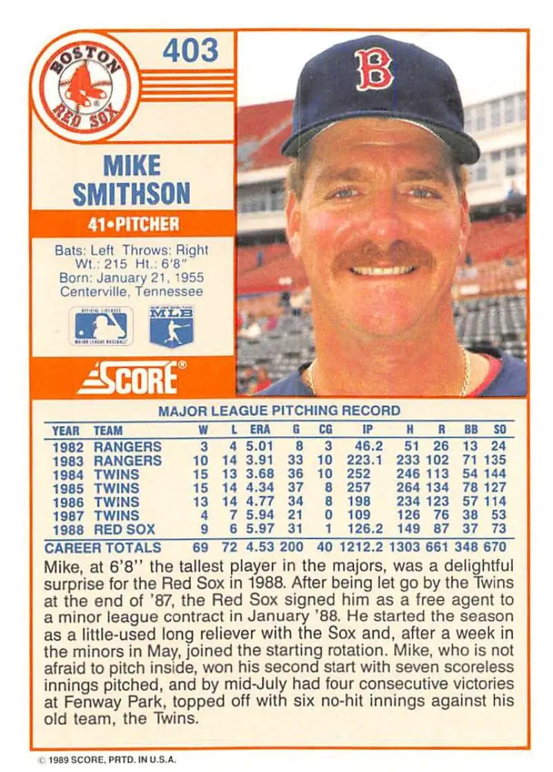 1989 Score #403 Mike Smithson NM-MT Boston Red Sox Baseball Card - Baseball Card Single