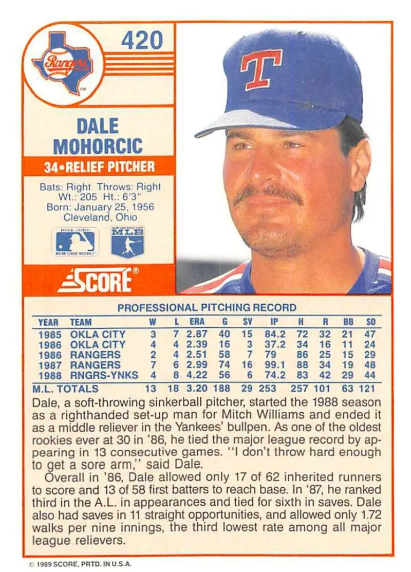 1989 Score #420 Dale Mohorcic NM-MT Texas Rangers Baseball Card - Baseball Card Single