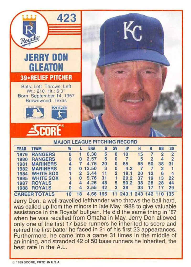 1989 Score #423 Jerry Don Gleaton NM-MT Kansas City Royals Baseball Card - Baseball Card Single