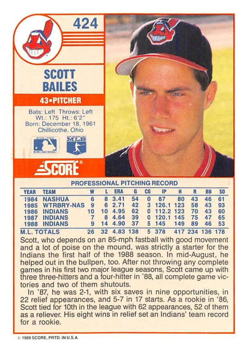 1989 Score #424 Scott Bailes NM-MT Cleveland Indians Baseball Card - Baseball Card Single