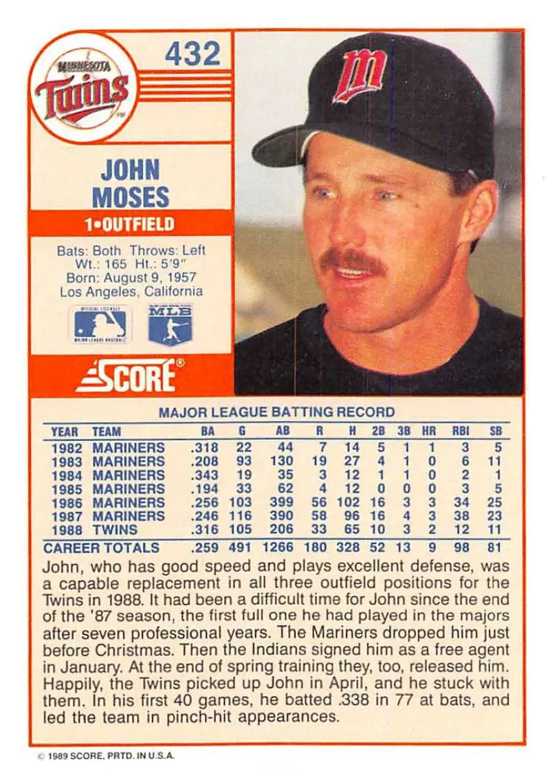 1989 Score #432 John Moses NM-MT Minnesota Twins Baseball Card - Baseball Card Single
