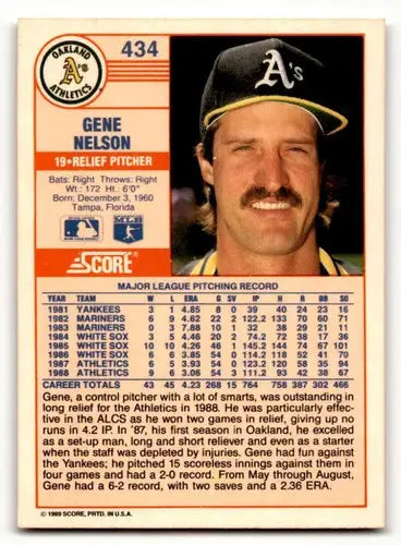 Original gloss Gene Nelson Oakland baseball card from 1989 Score #434 Oakland Athletics