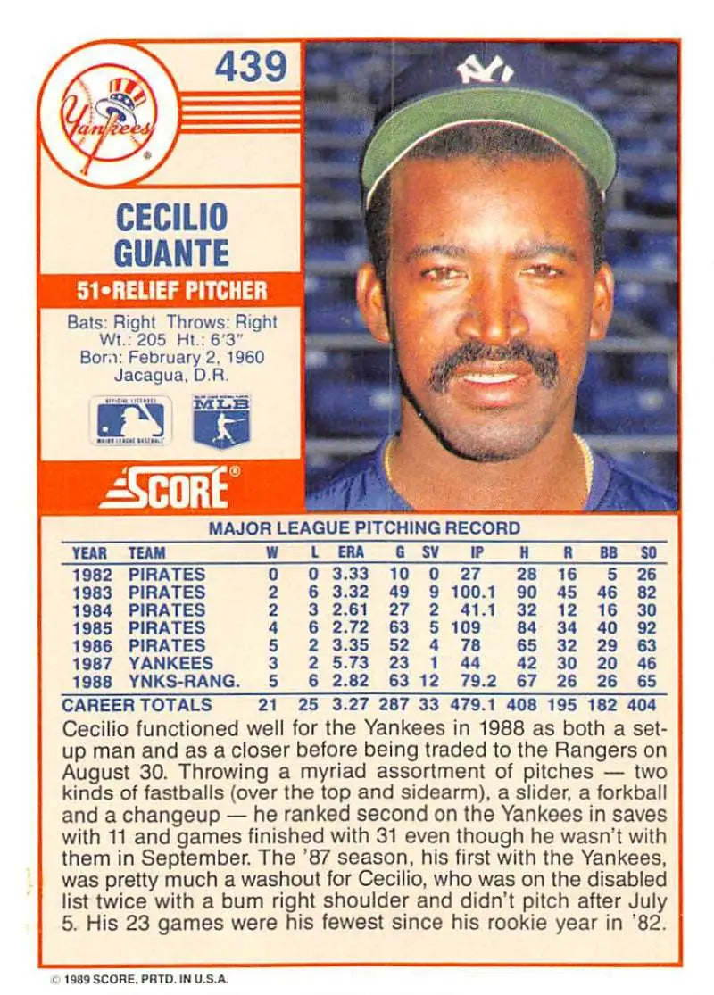 1989 Score #439 Cecilio Guante NM-MT New York Yankees Baseball Card - Baseball Card Single
