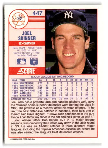 1989 Score #447 Joel Skinner EX/NM Yankees ID:66785