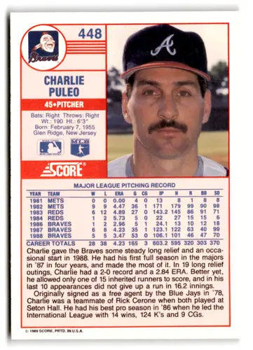 1989 Score #448 Charlie Puleo EX/NM Braves ID:66765