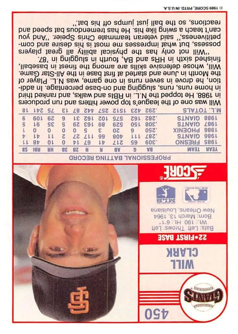 1989 Score #450 Will Clark NM-MT San Francisco Giants Baseball Card - Baseball Card Single
