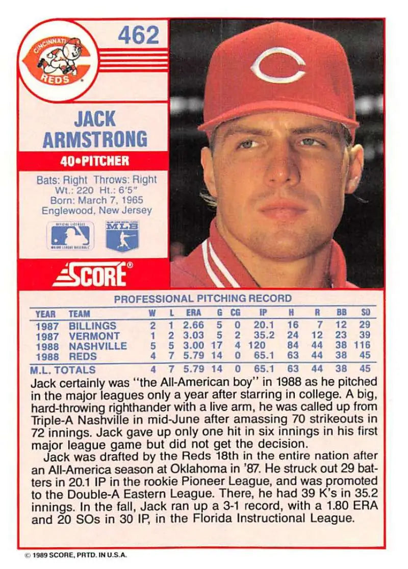 1989 Score #462 Jack Armstrong NM-MT RC Rookie Cincinnati Reds Baseball Card - Baseball Card Single
