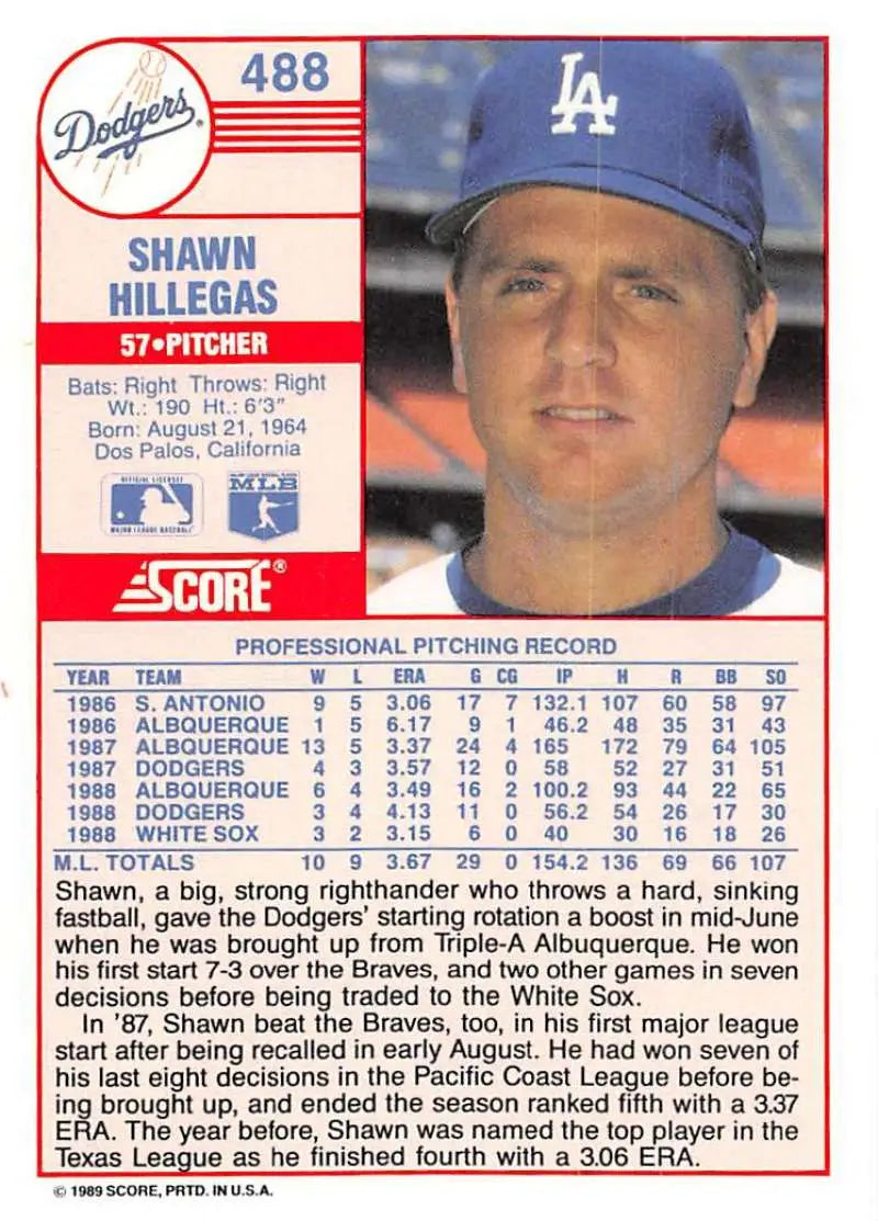 1989 Score #488 Shawn Hillegas NM-MT Los Angeles Dodgers Baseball Card - Baseball Card Single