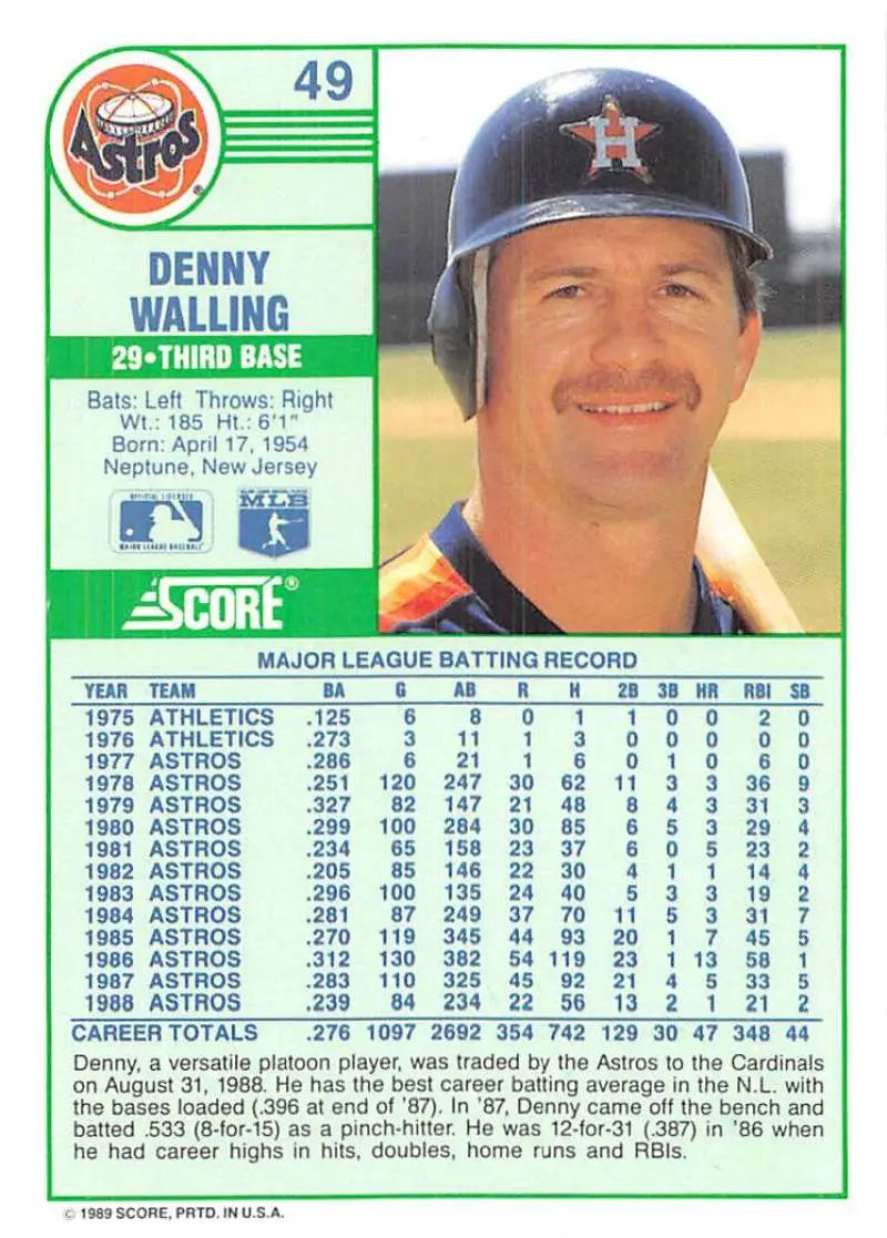 1989 Score #49 Denny Walling NM-MT Houston Astros Baseball Card - Baseball Card Single