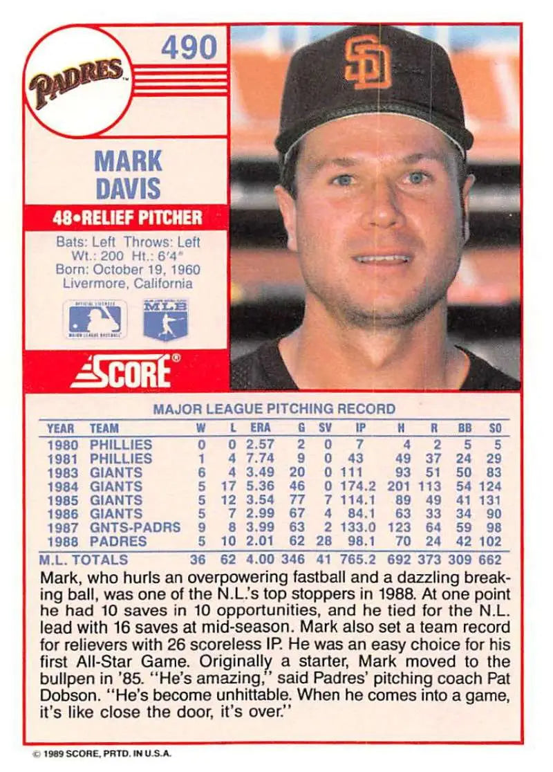 1989 Score #490 Mark Davis NM-MT San Diego Padres Baseball Card - Baseball Card Single