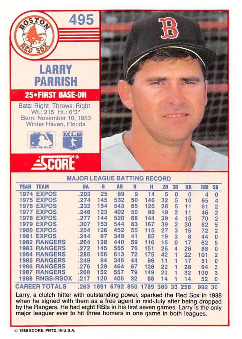 1989 Score #495 Larry Parrish NM-MT Boston Red Sox Baseball Card - Baseball Card Single
