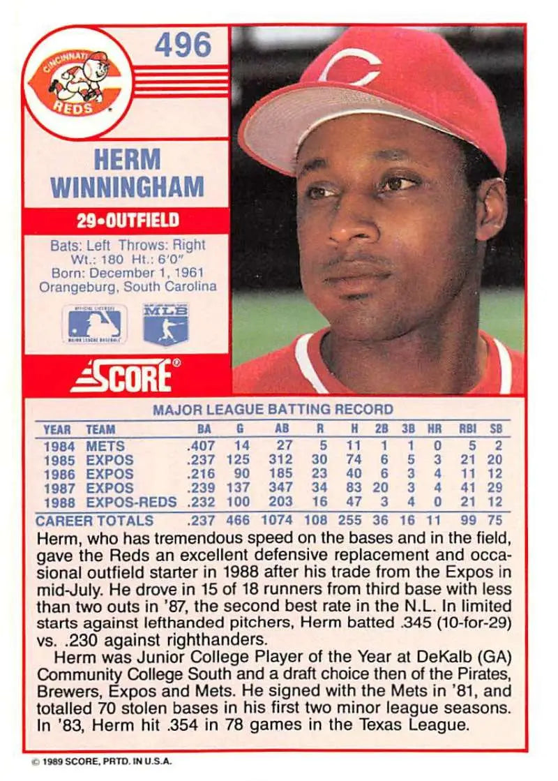 1989 Score #496 Herm Winningham NM-MT Cincinnati Reds Baseball Card - Baseball Card Single