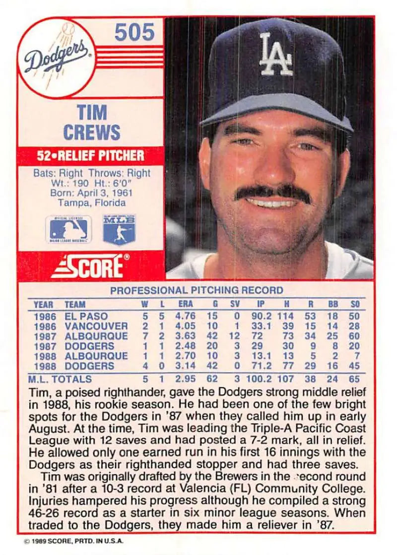 1989 Score #505 Tim Crews NM-MT Los Angeles Dodgers Baseball Card - Baseball Card Single